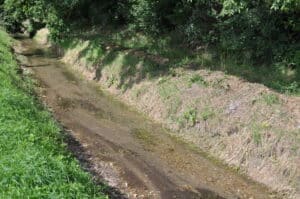 This image shows the bare, dredged chalk stream which forms the upper reaches of the River Gaywood in Grimston, Norfolk